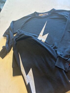Aviator Nation Navy Crewneck Sweatshirt with Silver Lightning